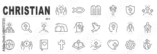 Set of christian related line icon set. Cross, bible, christmas, easter, dove etc. Editable stroke