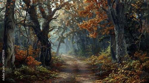 The image can be named Autumn Path Through a Colorful Forest