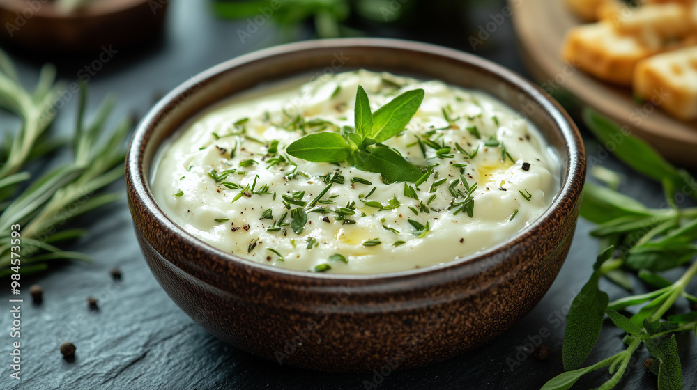 Crème Fraîche in a Bowl with Herbs for Dipping Crème Fraîche in a Bowl with Herbs for Dipping