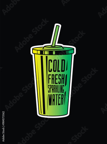 Fast food plastic cup with straw. Hot or cold drink. Original vector illustration in vintage style.