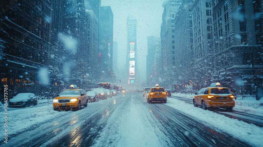 Obraz premium Yellow taxis maneuver through a snow-covered street, where heavy snowfall creates a winter wonderland during the afternoon