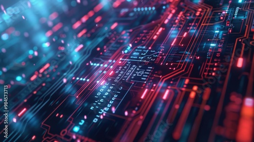 A close-up view of a circuit board featuring red and blue lights