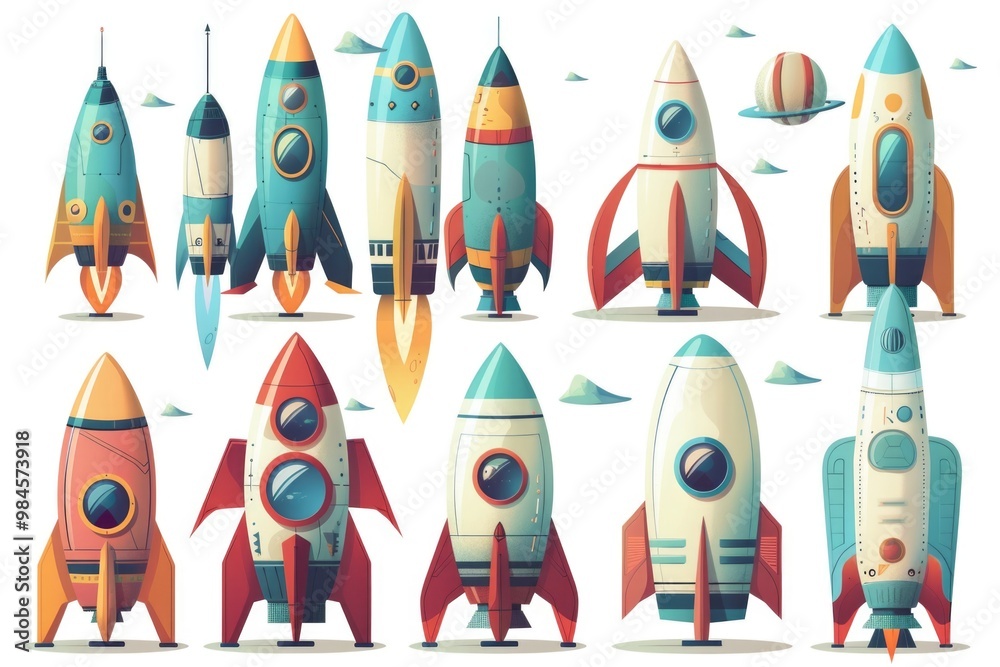 A collection of colorful rockets on a clean white background, ready for use in various design and marketing projects A collection of colorful rockets on a clean white background, ready for use in various design and marketing projects