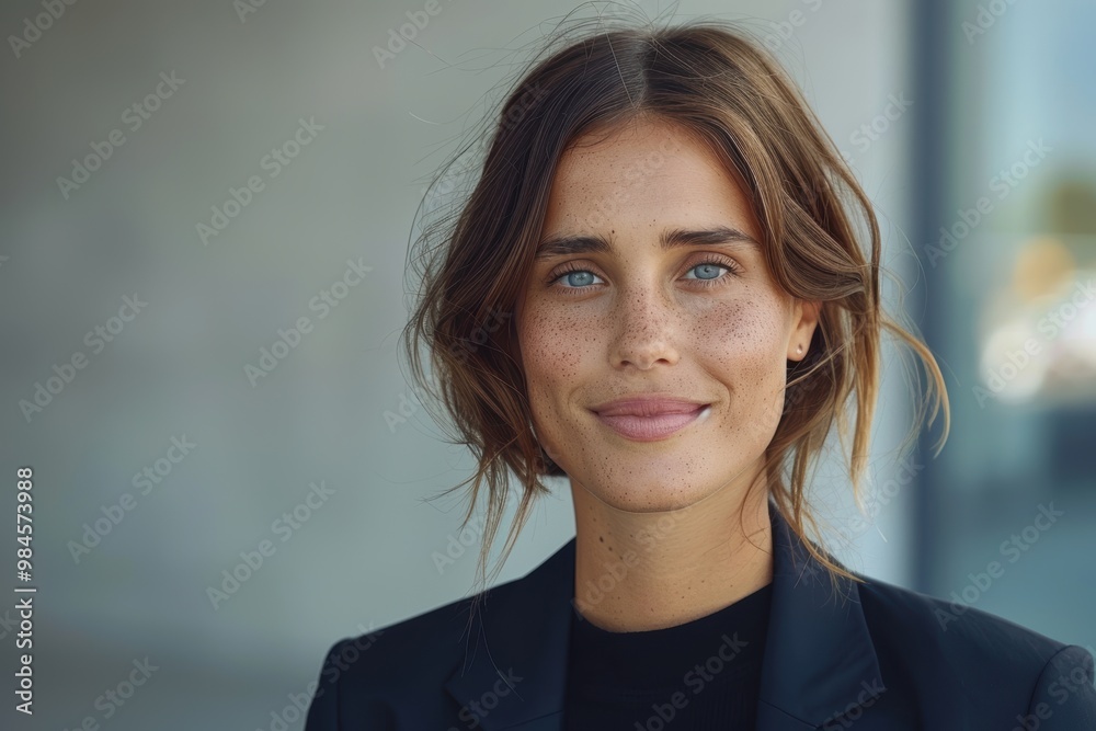 Portrait of a young woman with blue eyes and freckles smiling softly, dressed in a black blazer, with a blurred background adding a professional and natural atmosphere Portrait of a young woman with blue eyes and freckles smiling softly, dressed in a black blazer, with a blurred background adding a professional and natural atmosphere