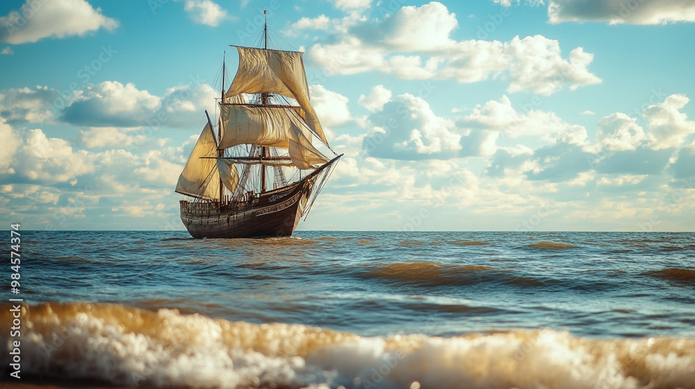 A historic sailing ship navigating the ocean waves on Columbus Day in clear blue skies A historic sailing ship navigating the ocean waves on Columbus Day in clear blue skies