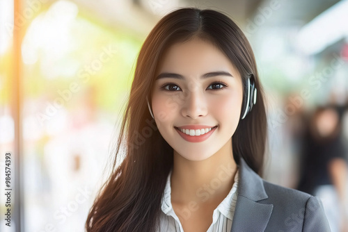 Portrait of a smiling woman in a headset, ready to assist customers