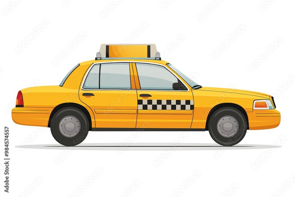 A classic yellow taxi cab with a distinctive black and white checkered roof, ready to hit the streets A classic yellow taxi cab with a distinctive black and white checkered roof, ready to hit the streets