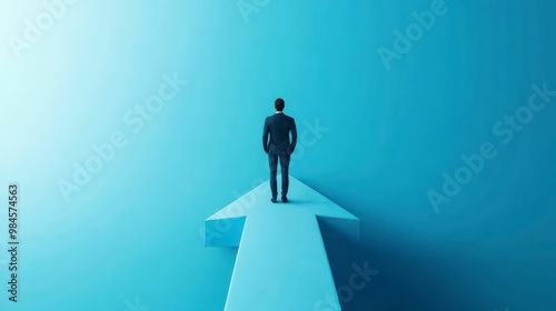 A person walks up the arrow on a light blue background, symbolizing career growth and success