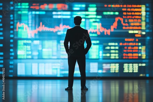 Business professional reviewing market trends on a digital display in a modern financial office during daytime