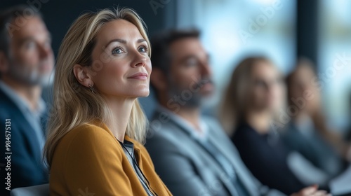 A group of business people at a conference or meeting, sitting in arow and listening to a presentation. Highlighting the focus and engagement of attendees.