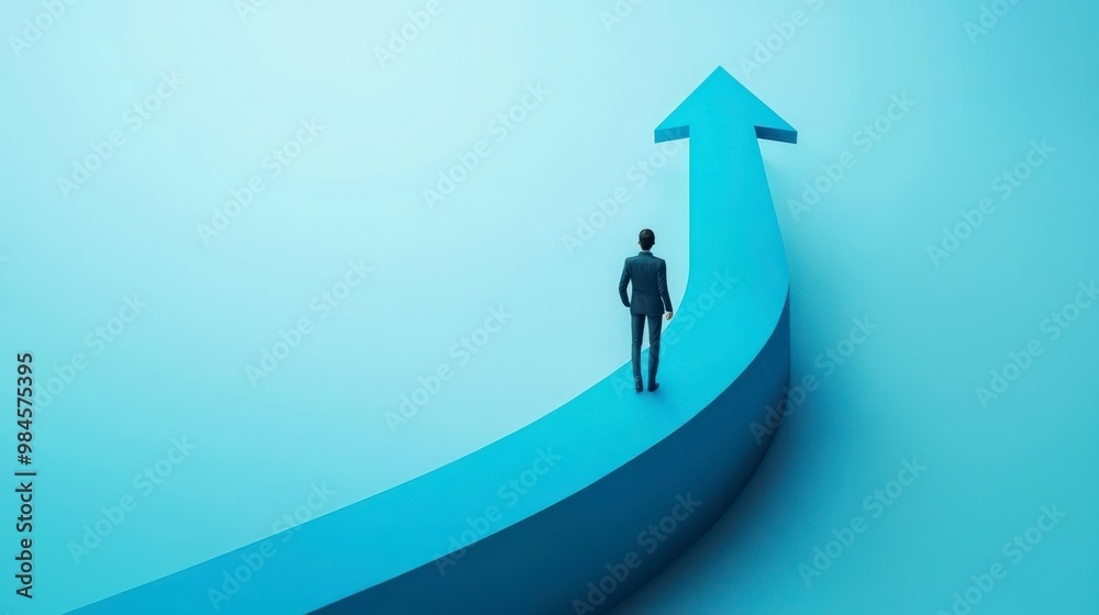 A person walks up the arrow on a light blue background, symbolizing career growth and success A person walks up the arrow on a light blue background, symbolizing career growth and success