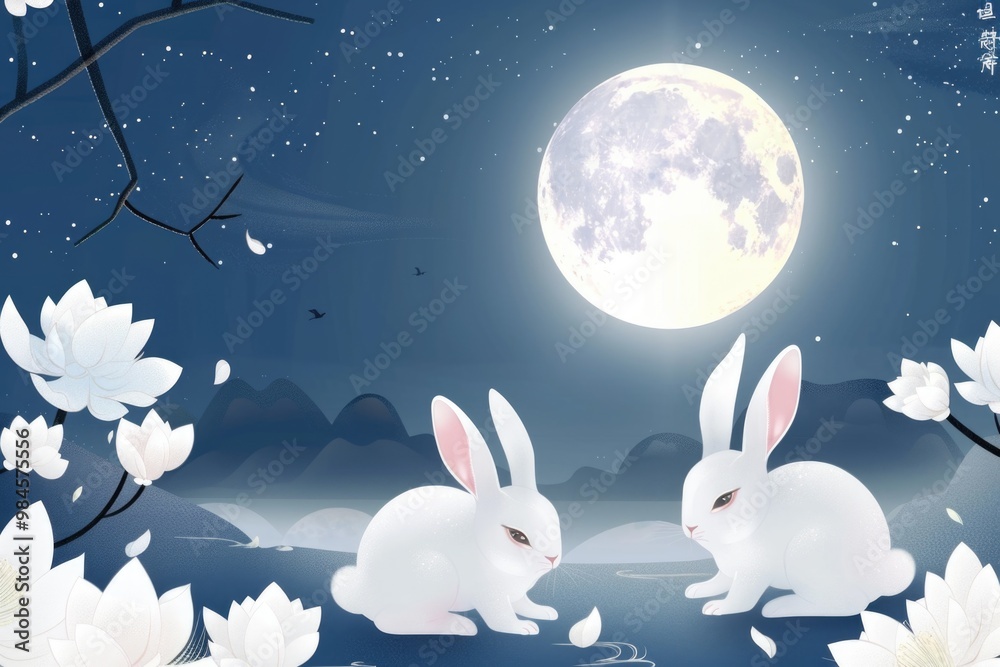 Two rabbits sit on a vibrant green meadow, surrounded by nature Two rabbits sit on a vibrant green meadow, surrounded by nature