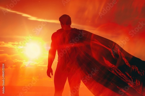 A man stands on the beach as the sun sets in the background, wearing a cape