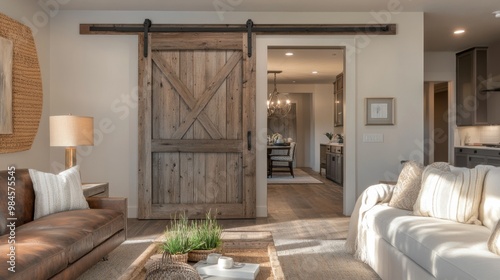 Rustic barn door with a touch of elegance, featuring weathered wood and decorative metalwork, creating a classic and refined look in a cozy, well-designed space