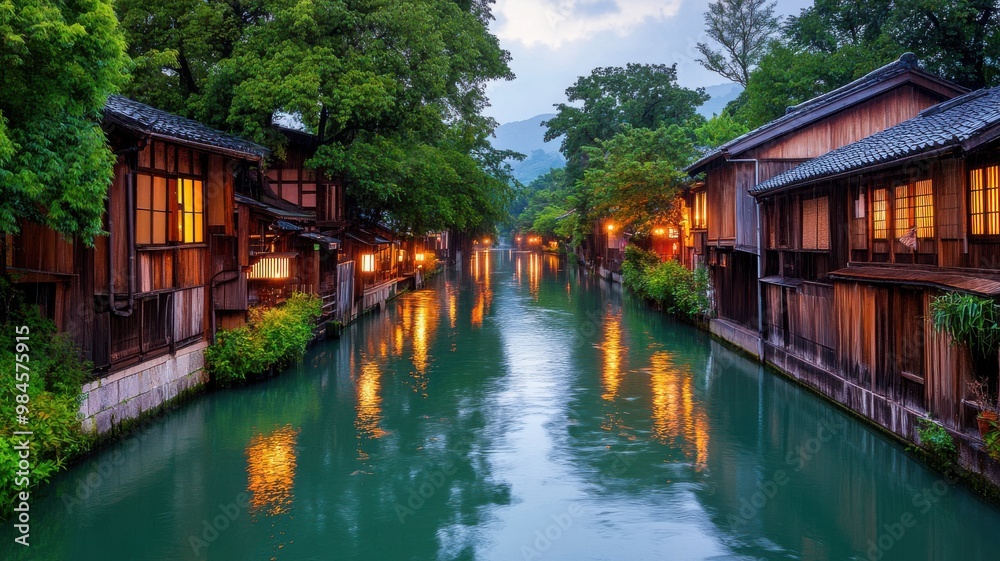 Serene twilight view of traditional wooden houses along a calm river, reflecting warm lights and surrounded by lush greenery. Serene twilight view of traditional wooden houses along a calm river, reflecting warm lights and surrounded by lush greenery.