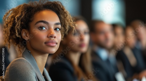 A group of business people at a conference or meeting, sitting in arow and listening to a presentation. Highlighting the focus and engagement of attendees.