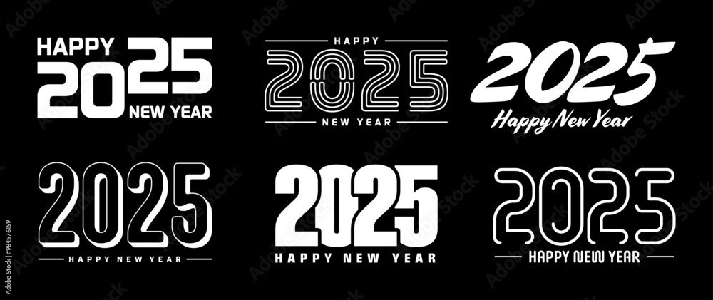 Fototapeta premium Set of 2025 Happy New Year greeting text designs. Christmas banner, poster, festive greeting card or seasonal promotion template. Collection of 2025 numbers with greetings. Vector illustration