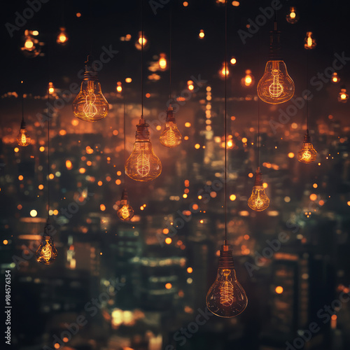 The light bulbs floating above the city are a symbol of innovation and creativity