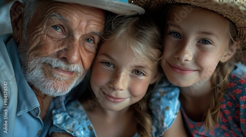 A group photo of an older gentleman surrounded by two youthful girls, capturing a moment of joy and friendship