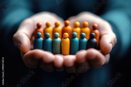 Protecting Our People: A pair of open hands gently cradles a collection of colorful wooden figures, symbolizing the responsibility and care for every individual in a diverse group.  The image evokes a