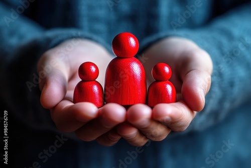 Family in Safe Hands: Red wooden figures representing a family cradled in open hands, symbolizing protection, love, and care.