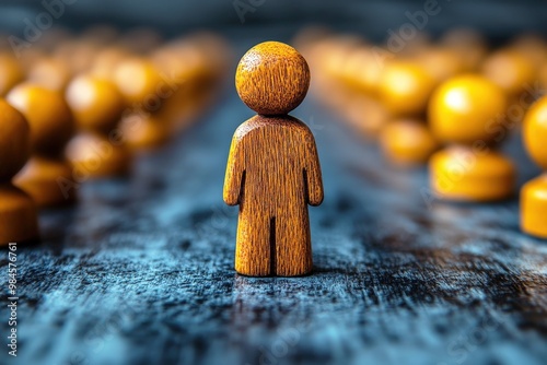 Standing Out from the Crowd: A lone wooden figure takes a stand, breaking away from the conforming rows, symbolizing individuality, leadership, and courage in a world of uniformity.  photo