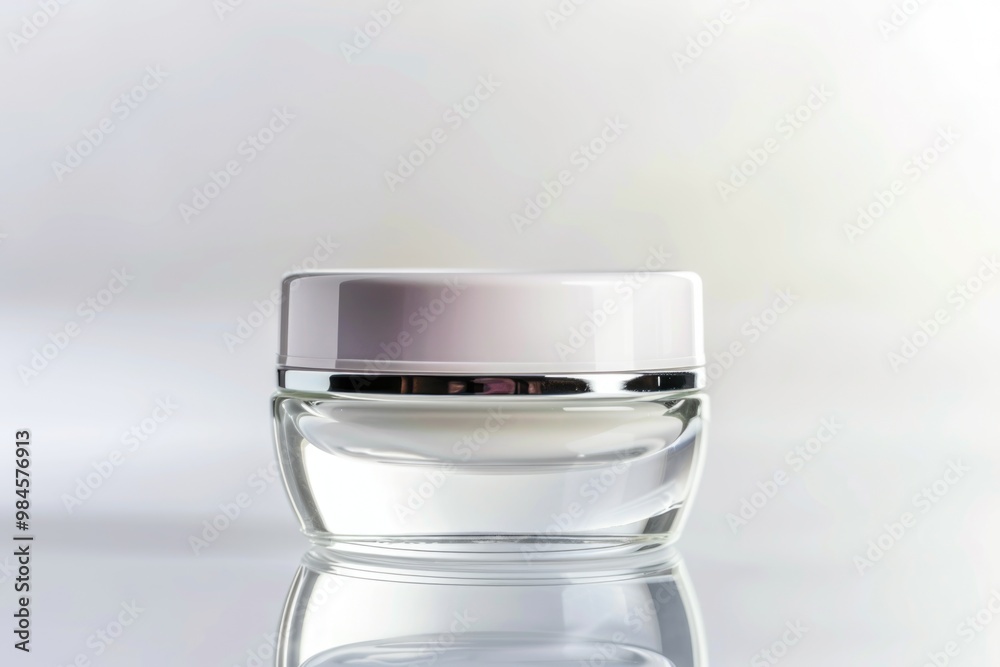 A clear glass jar filled with creamy liquid sits on a white surface, perfect for use in food or cosmetic photography A clear glass jar filled with creamy liquid sits on a white surface, perfect for use in food or cosmetic photography
