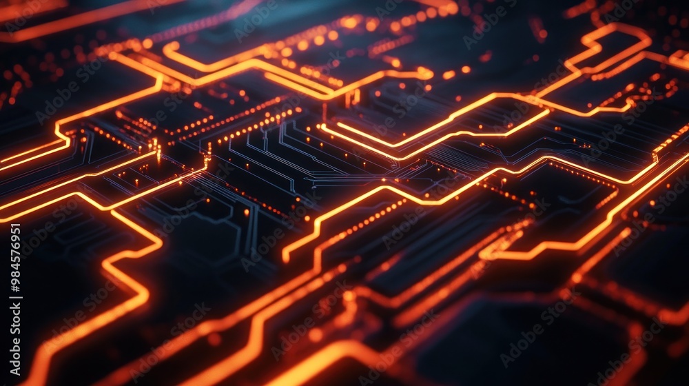 Abstract close-up of a circuit board with glowing orange lines and connections.