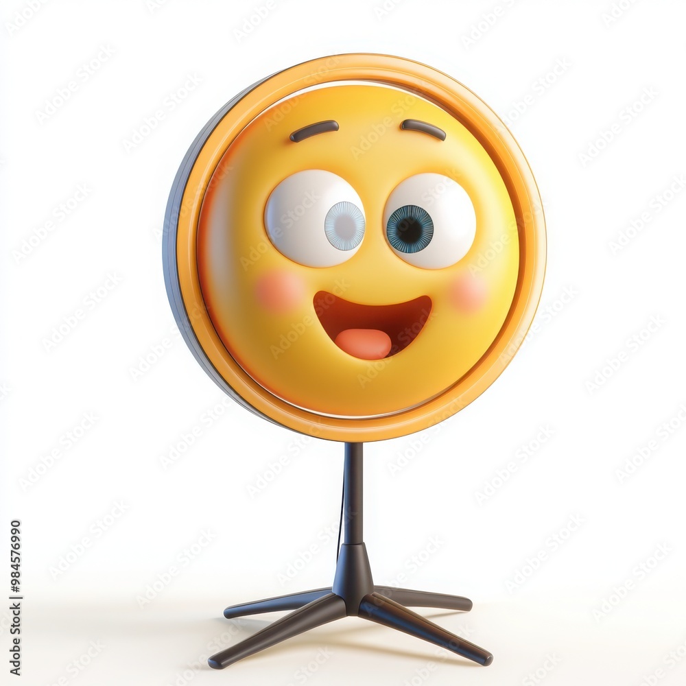 Fototapeta premium A 3D cartoon emoji with an influencer-style ring light shining on it, posing for a perfect selfie, on a white background