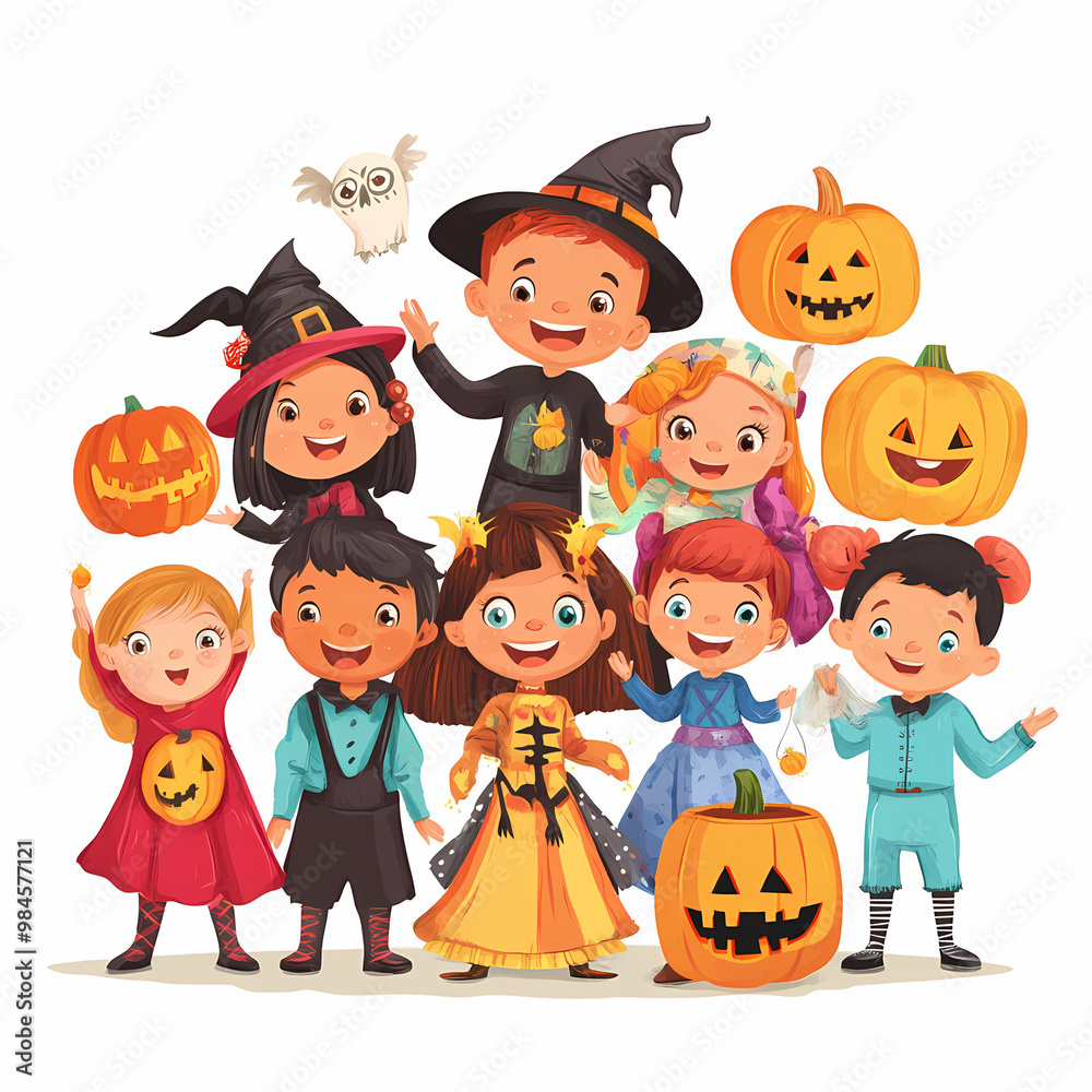 A group of children dressed in Halloween costumes are posing for a picture. They are all smiling and holding pumpkins white background A group of children dressed in Halloween costumes are posing for a picture. They are all smiling and holding pumpkins white background