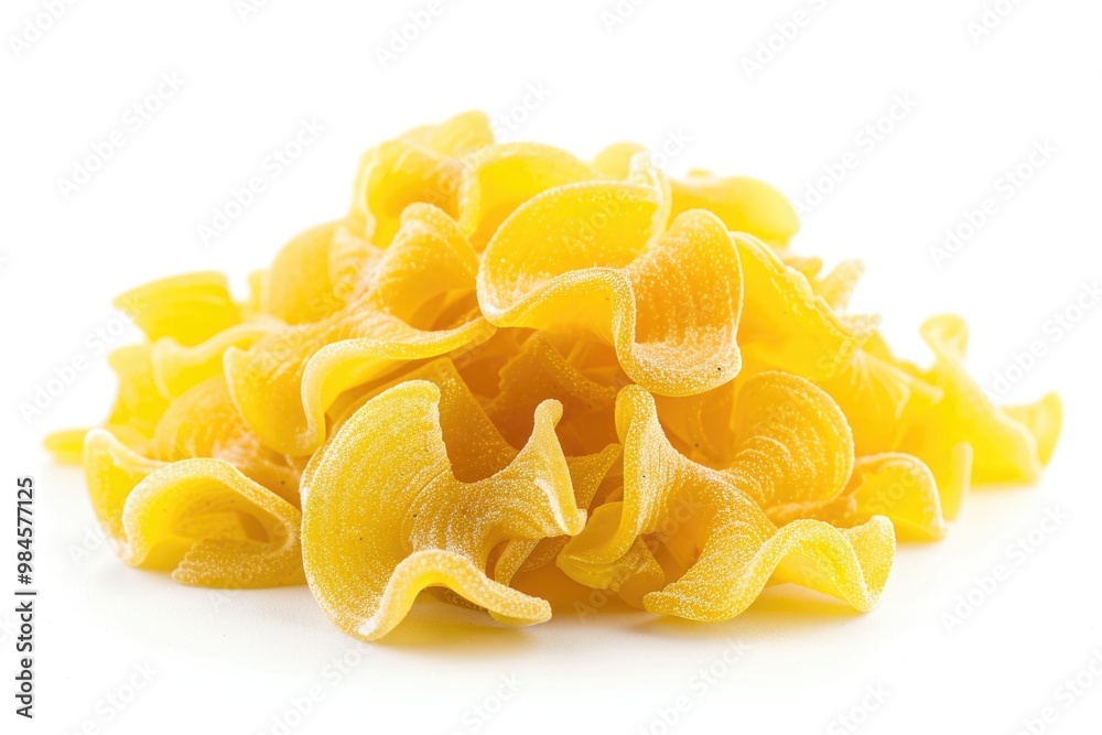 A pile of uncooked pasta on a white surface, suitable for food-related or kitchen-themed illustrations