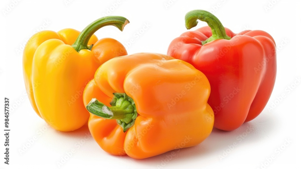 Three colorful peppers sit together on a surface Three colorful peppers sit together on a surface