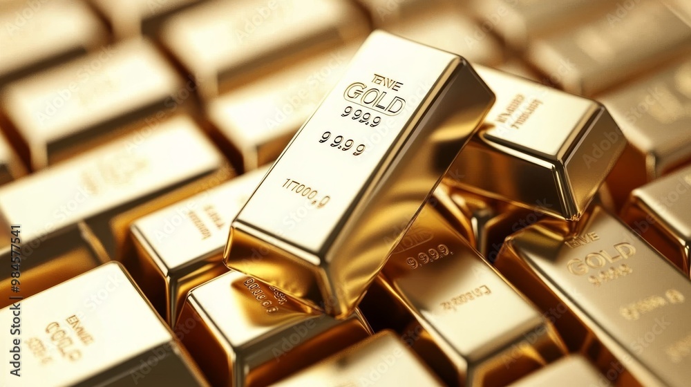 Stacked shiny gold bars with 999.9 purity reflecting wealth and investment opportunities in a financial market Stacked shiny gold bars with 999.9 purity reflecting wealth and investment opportunities in a financial market