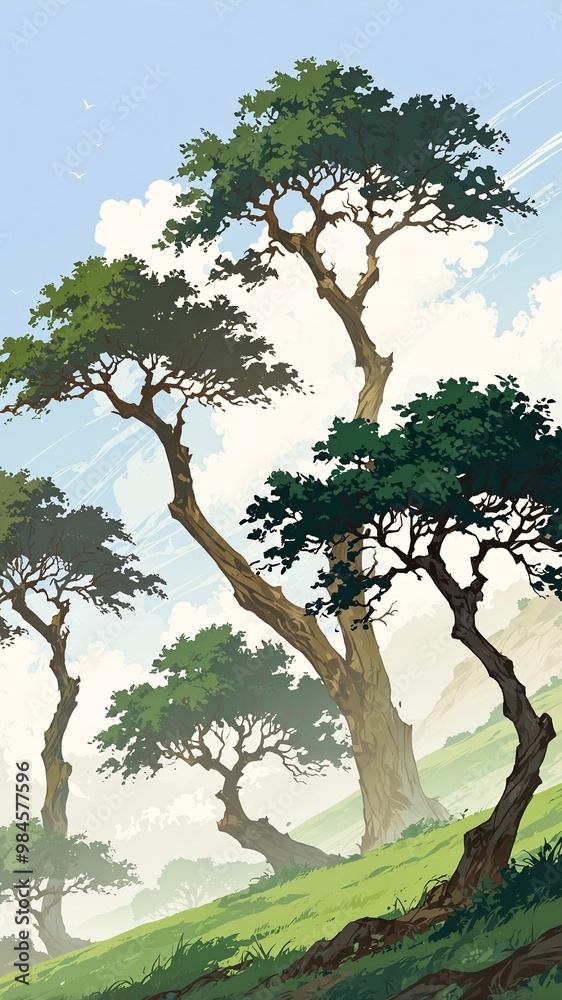 Fototapeta premium big long trees in a field wallpaper