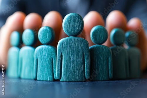 Guarding the Collective: Wooden figures encircled by protective hands, symbolizing security, leadership, and community support.