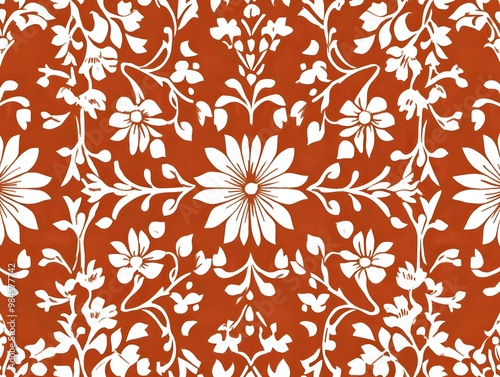 Seamless pattern with white floral design on a rusty orange background.