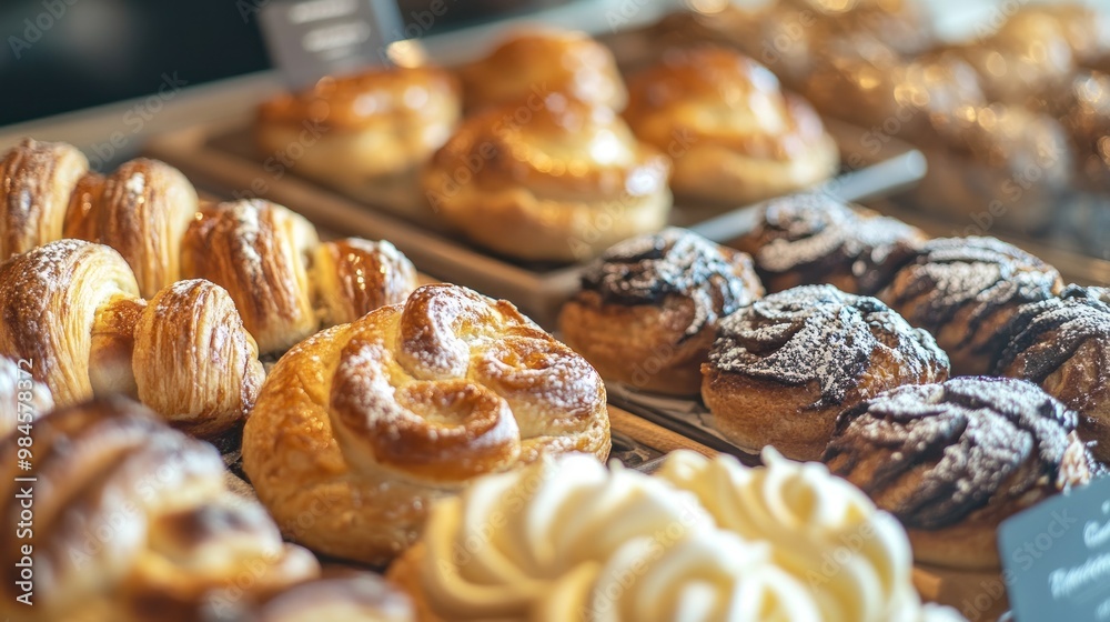 A display of various baked pastries in a bakery setting. A display of various baked pastries in a bakery setting.