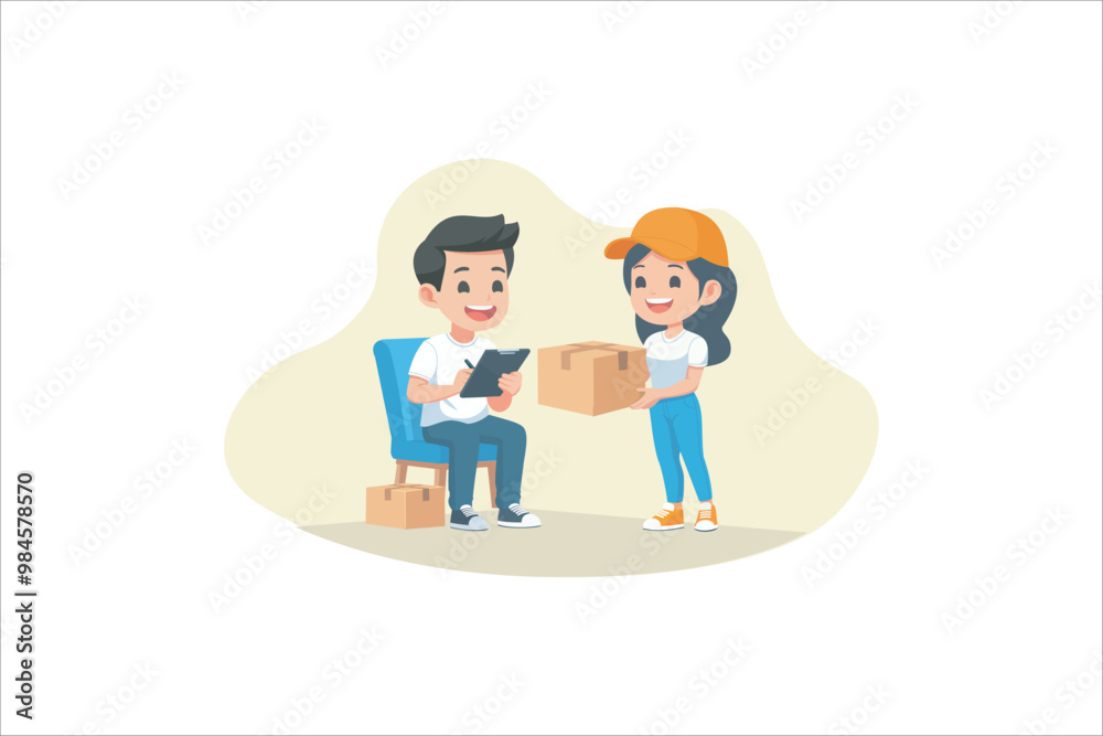 young delivery man give the package to customer. vector illustration. young delivery man give the package to customer. vector illustration.