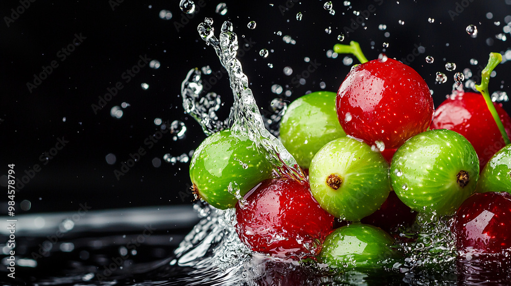 Fresh gooseberries splash into clear liquid, creating vibrant scene Fresh gooseberries splash into clear liquid, creating vibrant scene