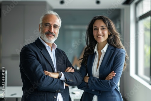 Portrait of a business man and woman smiling in modern office, standing together.