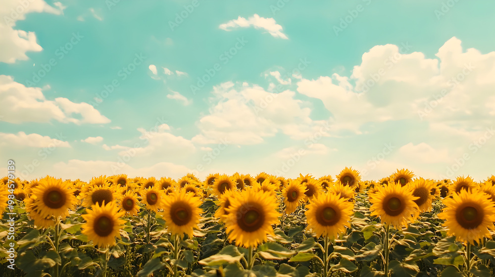 Fototapeta premium A calm field of sunflowers under a blue sky.