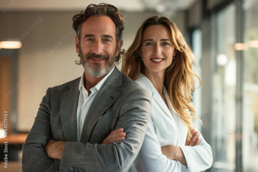 Portrait of a business man and woman smiling in modern office, standing together. Portrait of a business man and woman smiling in modern office, standing together.
