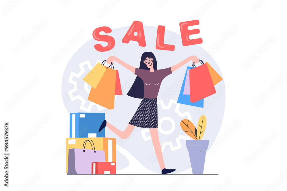 Shopping concept in modern flat design for web. Woman with lot of bags doing purchases at boutiques or stores, ordering products with bargain price offers in seasonal sales. Illustration.