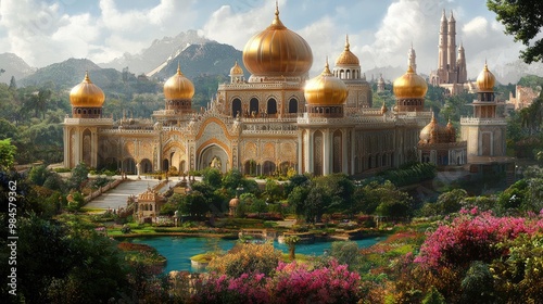 A photorealistic digital painting of a grand palace, with intricate architecture, golden domes, and lush gardens, capturing the opulence and grandeur of a bygone era