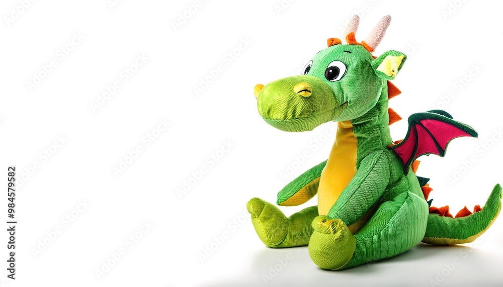Obraz premium Stuffed animal of a green dragon. cute, adorable, plush, soft, companion friend and night time sleep toy for young boy and girl children. Isolated on white background with copy space
