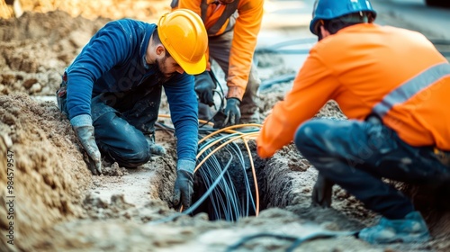 Workers in uniforms and helmets lay fiber optic cables for internet in the city