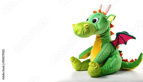 Stuffed animal of a green dragon. cute, adorable, plush, soft, companion friend and night time sleep toy for young boy and girl children. Isolated on white background with copy space