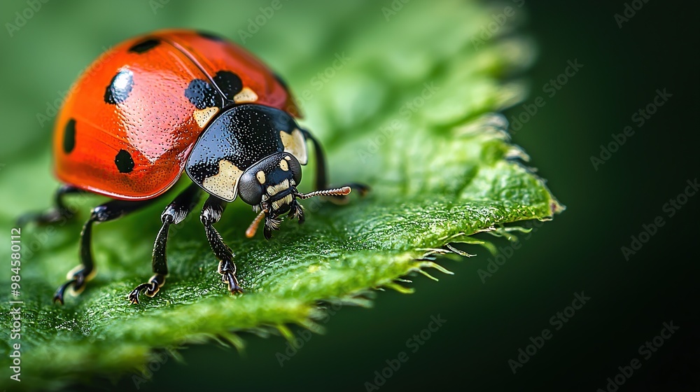 Obraz premium A ladybug on a green leaf.