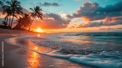 A picturesque sunset over a tropical beach, with the colorful sky reflecting on the waves as the sun sets behind distant palm trees.