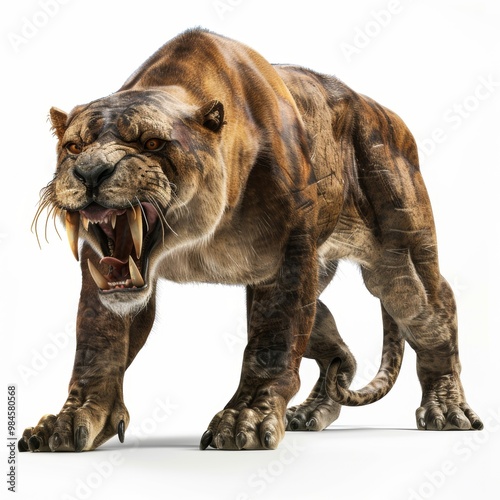 Fierce Prehistoric Saber Toothed Feline Predator Roaring in Wilderness Environment